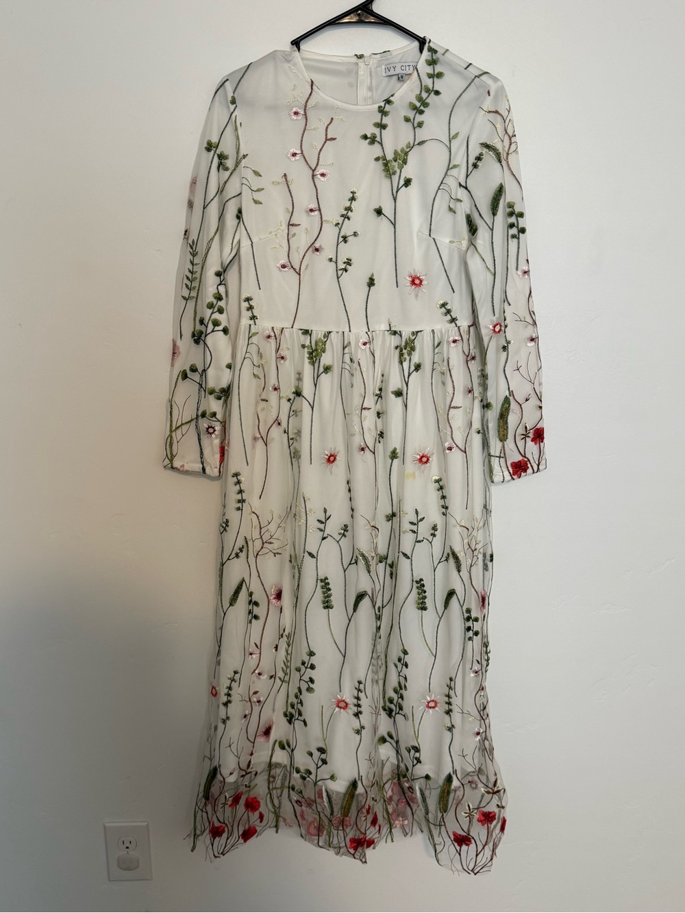 Ivy City Co White Midi Dress with Green Vine & Red Floral Embroidery